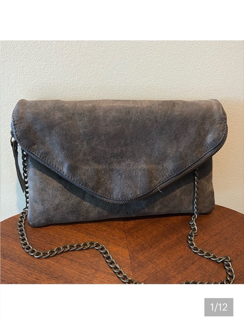 J. Crew  leather shoulder bag  dark Taupe  full depth front flap pocket chain st